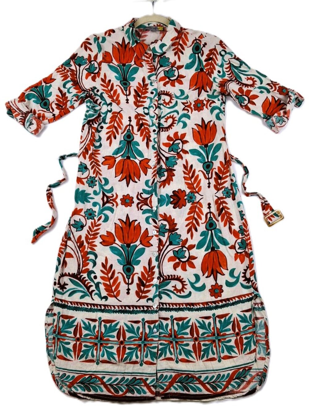 Fig And Flower Anthropologie Sz L Shirt Dress 3/4 Sleeves Collared Belted